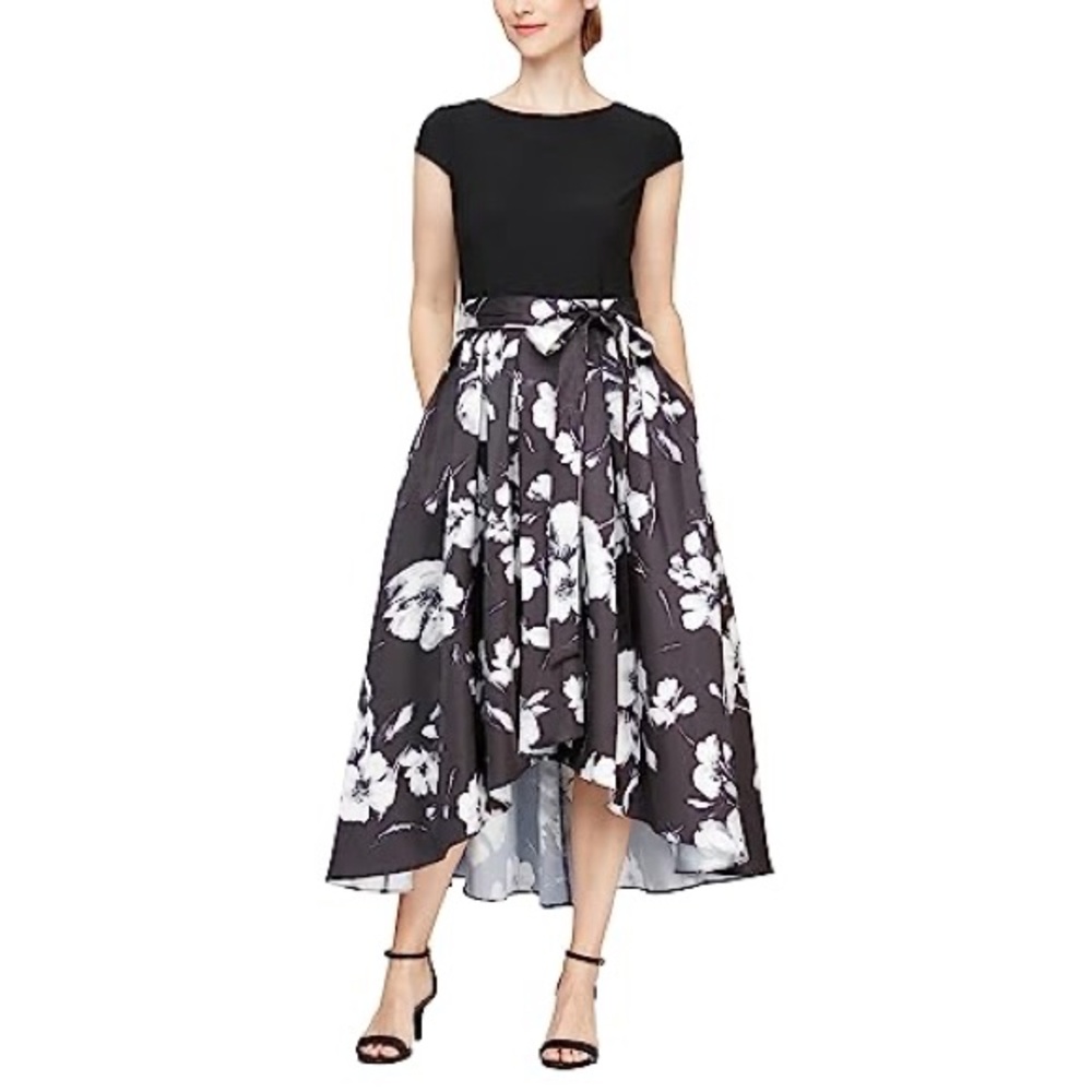 NWT SLNY Jersey Top Cap Sleeve Black Ivory Floral High-Low A Line Gown